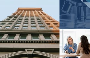 Collage of Old Republic building, microscope and people discussing a document